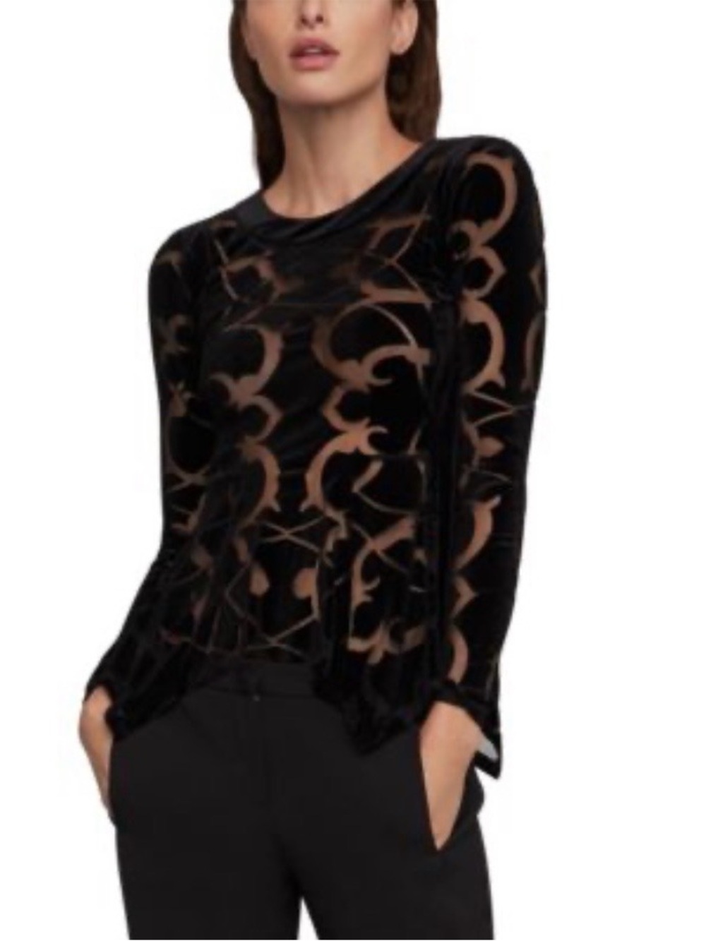 BCBGMaxazria Black Semi-Sheer long sleeves, Peplum Hem, Size L